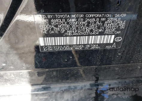 2009 Lexus Es 350 z USA, uszkodzony, nr VIN JTHBJ46G092316404